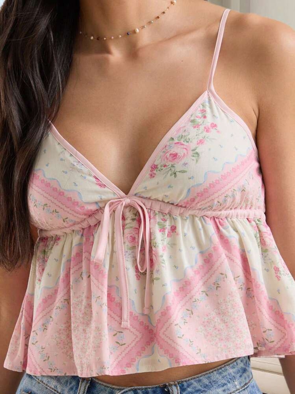 Altar’d State Pink Floral Coquette Babydoll Cami Tank Top size S